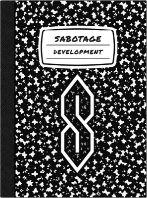 A black-and-white composition book with the Sabotage Development label and the S mark on the cover